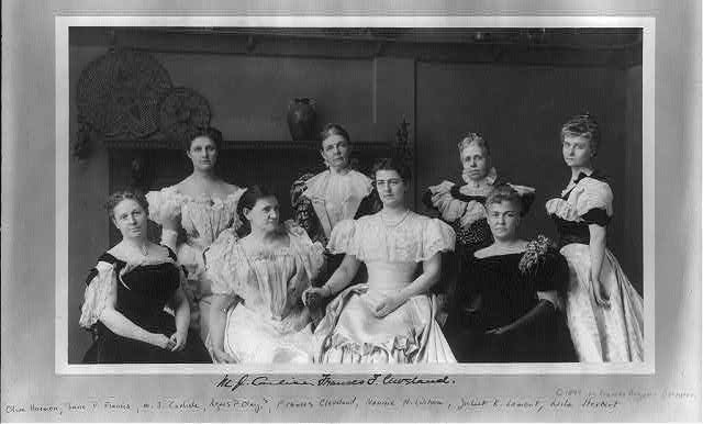 Portrait group of Mrs. Frances (Folsom) Cleveland and the ladies of the Cabinet: Olive Harmon, Jane P. Francis, M.J. Carlisle, Agnes P. Olney, Nannie H. Wilson, Juliet K. Lamont, and Leila Herbert. Johnston (Frances Benjamin) Collection, Prints &amp; Photographs Division, Library of Congress, LC-USZ62-47035