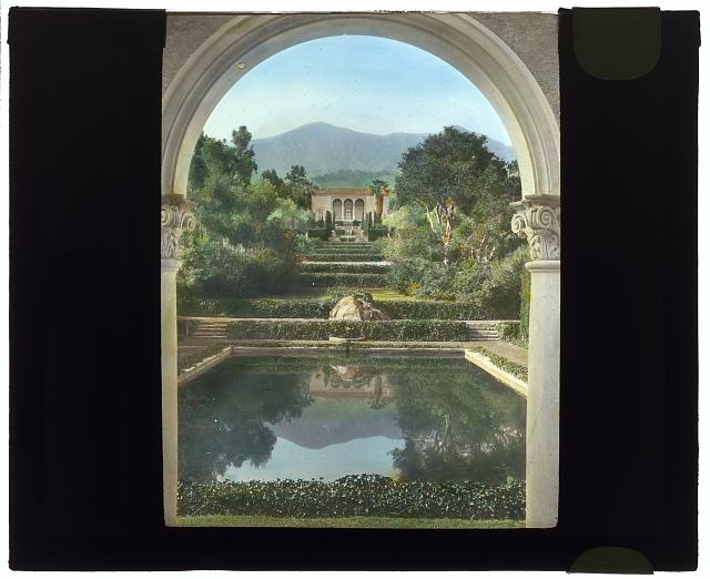 &quot;Las Tejas,&quot; Oakleigh Thorne house, 170 Picacho Road, Montecito, California. View from swimming pool pavilion to house: Johnston (Frances Benjamin) Collection, Prints &amp; Photographs Division, Library of Congress, LC-DIG-ppmsca-16037