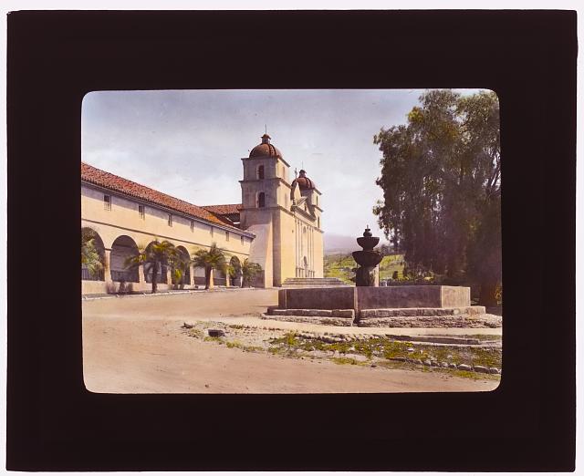 Santa Barbara Mission, 2201 Laguna Street, Santa Barbara, California. Fountain and entrance façade: Johnston (Frances Benjamin) Collection, Prints &amp; Photographs Division, Library of Congress, LC-DIG-ppmsca-16089